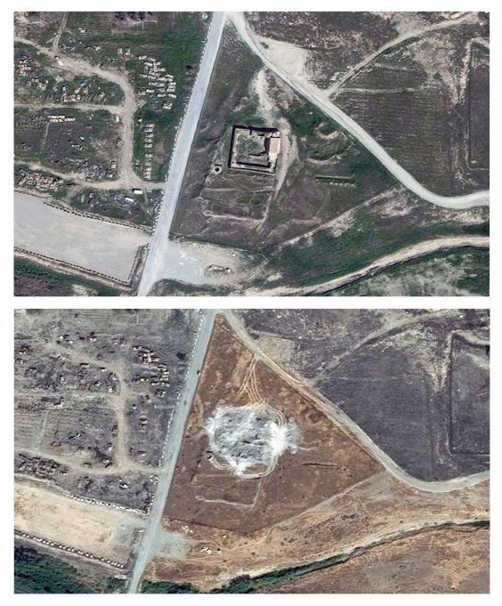 This combination of two satellite images provided by DigitalGlobe, taken on March 31, 2011, top, and Sept. 28, 2014, shows the site of the 1,400-year-old Christian monastery (DigitalGlobe via AP).